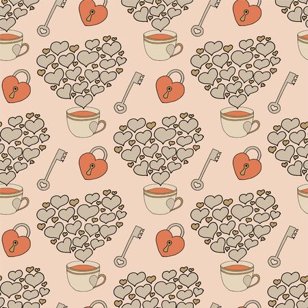 Valentines day seamless pattern with coffee cup and hearts. Beautiful greeting card with valentines day seamless pattern. Red heart valentine love logo vector. Holiday background.Vector illustrationのイラスト素材