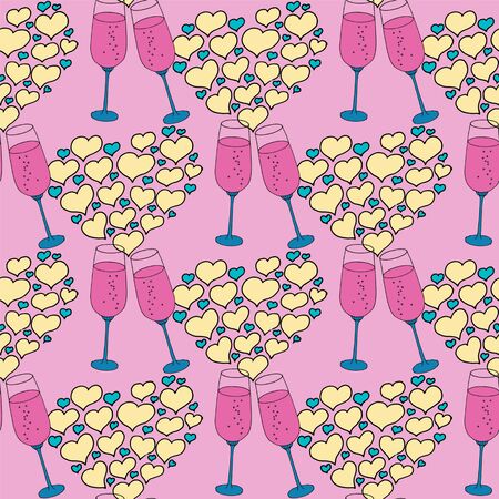 Vector seamless pattern on love theme. Valentines day seamless wine glass and hearts. Beautiful abstract pattern with Valentines day seamless pattern for decorative design. Logo element for wedding illustration. Vintage design. Greeting card.のイラスト素材