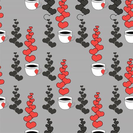Valentines day seamless pattern with coffee cup and hearts. Beautiful greeting card with valentines day seamless pattern. Red heart valentine love logo vector. Holiday background.Vector illustrationのイラスト素材