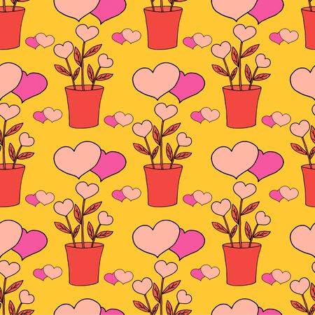 Valentines day seamless pattern with coffee cup and hearts. Beautiful greeting card with valentines day seamless pattern. Red heart valentine love logo vector. Holiday background.Vector illustrationのイラスト素材