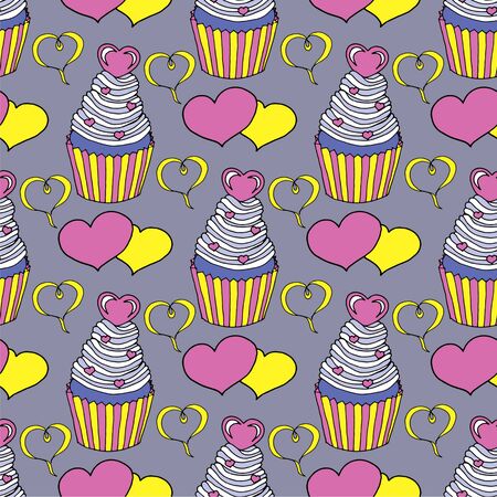 Vector graphic of the various sweets and desserts decorated into seamless pattern. Valentines day seamless pattern of hearts and cupcakes. Beautiful abstract pattern with Valentines day seamless pattern for decorative design. Logo element for wedding illustration. Vintage design. Greeting card.のイラスト素材