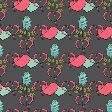 Valentines day seamless pattern roses and hearts. romantic seamless pattern with red hearts on a color background by day of wedding or valentines dayのイラスト素材