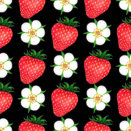 Strawberry watercolor seamless pattern. Watercolor illustration with colorful strawberries. Seamless watercolor pattern for print design. Colorful wallpaper. Isolated illustration. White isolated backgroundの写真素材