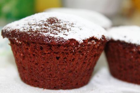 chocolate cake with powdered sugarの写真素材