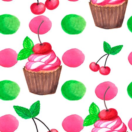 cherry seamless watercolor pattern. . Celebration and party. Design element. Watercolor illustration. Watercolor dessert collection.の写真素材