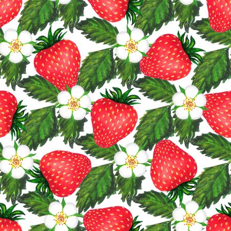 Strawberry watercolor seamless pattern. Watercolor illustration with colorful strawberries. Seamless watercolor pattern for print design. Colorful wallpaper. Isolated illustration. White isolated backgroundの写真素材