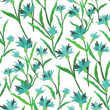Beautiful watercolor illustration with watercolour blue cornflower on white background. seamless pattern. Watercolour illustration. Watercolor botanical illustration.の写真素材