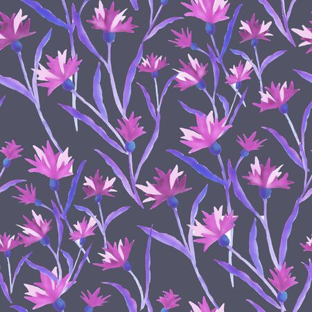 Beautiful watercolor illustration with watercolour blue cornflower on white background. seamless pattern. Watercolour illustration. Watercolor botanical illustration.の写真素材