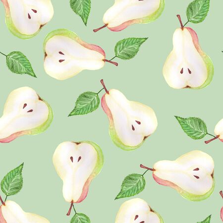 Watercolor pears seamless pattern. Hand drawn pattern. Abstract background Design of organic food. Surface background. Isolated background Cloth design. White backgroundの写真素材