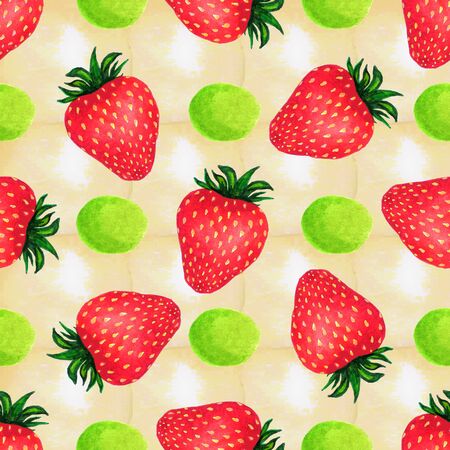 Strawberry watercolor seamless pattern. Watercolor illustration with colorful strawberries. Seamless watercolor pattern for print design. Colorful wallpaper. Isolated illustration. White isolated backgroundの写真素材