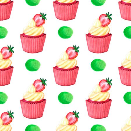 Sweet delicious watercolor pattern with cupcakes. Hand-drawn background. illustration.の写真素材
