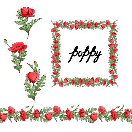 Horizontal floral border pattern. Fashion style. Floral wreath. Detailed contour wreath and seamless pattern brush with poppy isolated on white. Endless horizontal texture for your design.のイラスト素材