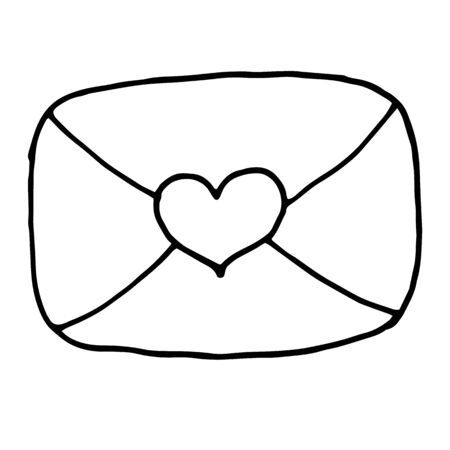 Single hand drawn envelope with a love message. In doodle style, black outline isolated on a white background. Cute element for design social media stories, card, stickers. Valentine s day vector.のイラスト素材