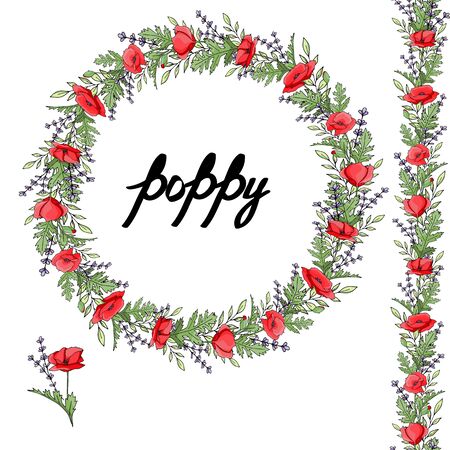 Horizontal floral border pattern. Fashion style. Floral wreath. Detailed contour wreath and seamless pattern brush with poppy isolated on white. Endless horizontal texture for your design.のイラスト素材