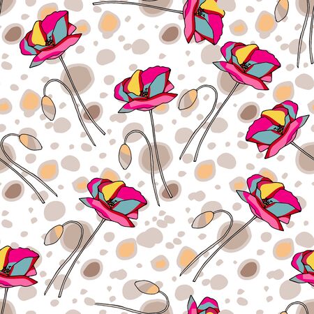 Abstract poppy seamless pattern for textile design. Floral seamless vector pattern. Graphic modern pattern. Vector illustration background. Vector design print template. Seamless vector texture. Doodle style texture.のイラスト素材