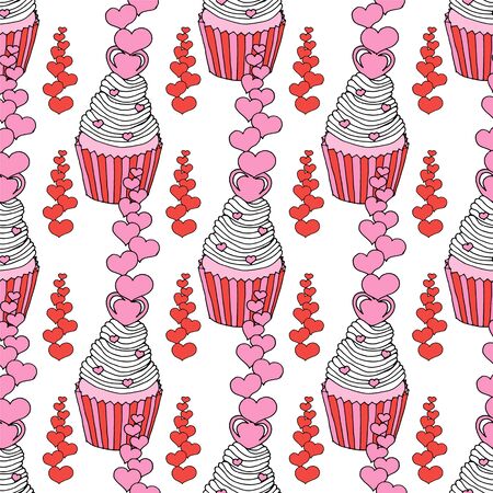 Vector graphic of the various sweets and desserts decorated into seamless pattern. Valentines day seamless pattern of hearts and cupcakes. Beautiful abstract pattern with Valentines day seamless pattern for decorative design. Logo element for wedding illustration. Vintage design. Greeting card.のイラスト素材