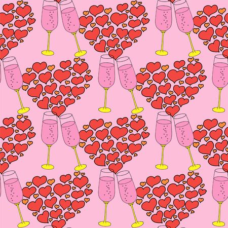 Vector seamless pattern on love theme. Valentines day seamless wine glass and hearts. Beautiful abstract pattern with Valentines day seamless pattern for decorative design. Logo element for wedding illustration. Vintage design. Greeting card.のイラスト素材