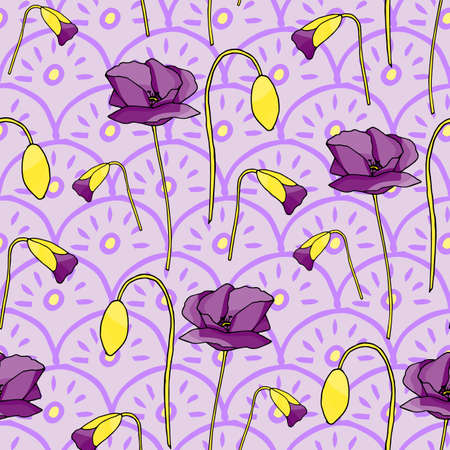 Poppies stripped seamless pattern. Abstract poppy seamless pattern for textile design. Floral seamless vector pattern. Graphic modern pattern. Vector illustration background. Vector design print template. Yellow, orange, red, brown.のイラスト素材