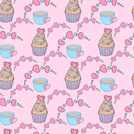 Vector graphic of the various sweets and desserts decorated into seamless pattern. Valentines day seamless pattern of hearts and cupcakes. Beautiful abstract pattern with Valentines day seamless pattern for decorative design. Logo element for wedding illustration. Vintage design. Greeting card.のイラスト素材