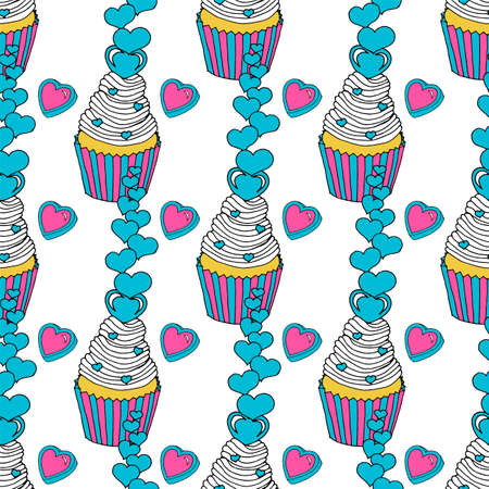 Valentine's day seamless pattern of hearts and cupcakes. Graphic of the various sweets and desserts decorated into seamless pattern.のイラスト素材