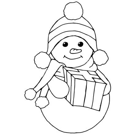 Sketching style snowmen and christmas gift boxes doodles. Hand drawn snowman isolated on a white background.のイラスト素材