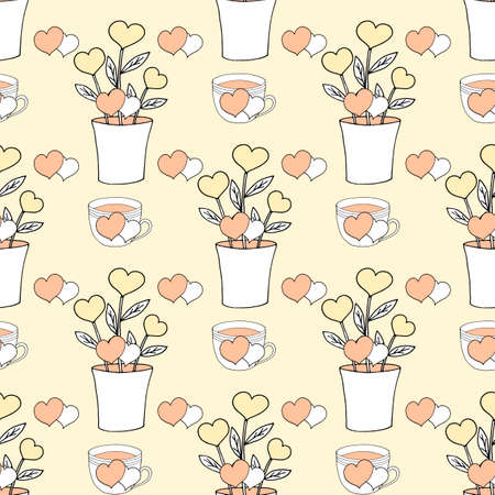 Valentines day seamless pattern with coffee cup and hearts. Beautiful greeting card with valentines day seamless pattern. Red heart valentine love logo vector. Holiday background.Vector illustrationのイラスト素材