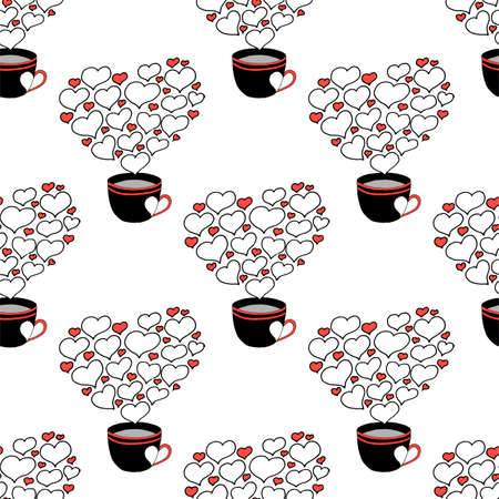 Valentines day seamless pattern with coffee cup and hearts. Beautiful greeting card with valentines day seamless pattern. Red heart valentine love logo vector. Holiday background.Vector illustrationのイラスト素材