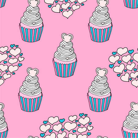 Valentines day seamless pattern of hearts and cupcakes. Beautiful abstract pattern with Valentines day seamless pattern for decorative design. Logo element for wedding illustration. Vintage design. Greeting card. Vector graphic of the various sweets and desserts decorated into seamless pattern.のイラスト素材