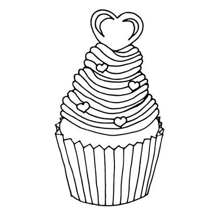 Single hand drawn cupcake decorated with hearts. In doodle style, black outline isolated on a white background.のイラスト素材