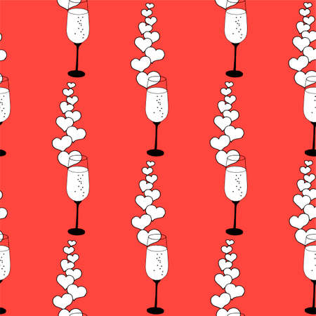 Valentines day seamless wine glass and hearts.のイラスト素材