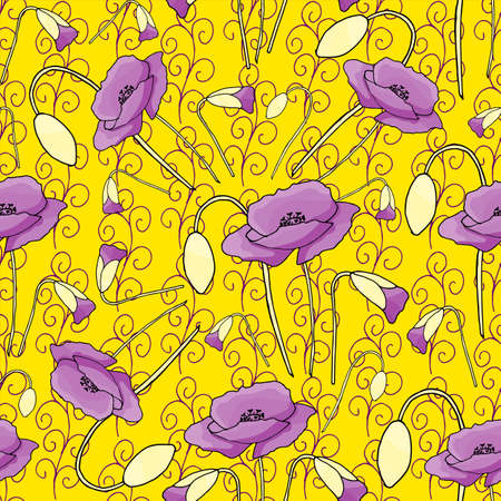 Poppies stripped seamless pattern. Yellow, orange, red, brown.Floral seamless vector pattern. Graphic modern pattern. Vector illustration background. Vector design print template.のイラスト素材