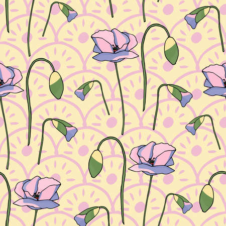 Poppies stripped seamless pattern. Yellow, orange, red, brown.Floral seamless vector pattern. Graphic modern pattern. Vector illustration background. Vector design print template.のイラスト素材