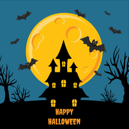 Vector Halloween postcard or  featuring scary twisted trees, glowing full moon and bats on a dark night background.のイラスト素材