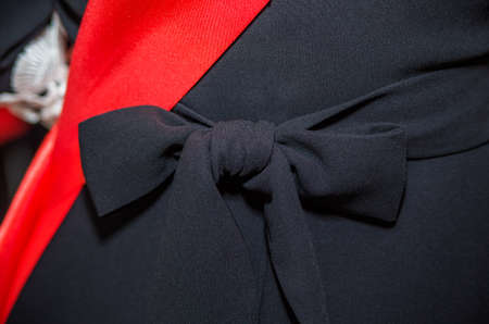 Red ribbon and a schoolgirls belt tied with a bow close-up. Elements of strict school uniform at the graduation and the last call.の写真素材