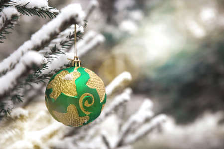 Christmas tree toy on the branches of a fir tree covered with snow. Green shiny round toy on the new-year tree, on against the background of a snowy coniferous forest.の写真素材