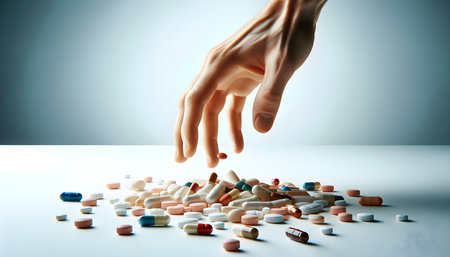 Close up of hand reaching for a pile of pills with copy space