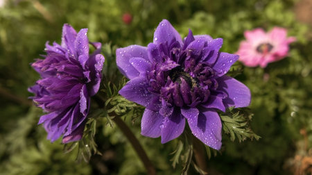 Anemone coronaria Lord Lieutenant semi-double velvet purple spring flower in the garden.の写真素材