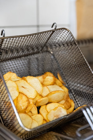 Delicious yellow french fries made from fresh potatoes and fried in sunflower oil.の写真素材