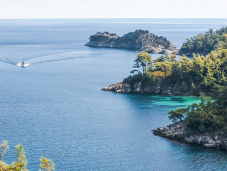 Boat on the blue of Aegean sea of Greece summer travel destination.の写真素材