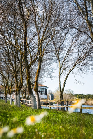 Panoramic view of Tychero Lake and hotel Thrassa in Soufli region Evros Greece 26-03-2023, editorial useのeditorial素材