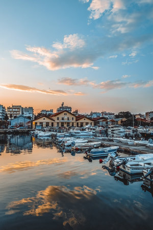 Night view and reflection of Alexandroupolis city sea port capital of Evros region Northern Greece, Eastern Macedonia and Thrace, 3.7.2023.のeditorial素材