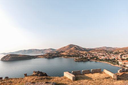 View from Byzantine Medieval Castle of Myrina in Lemnos or Limnos Greek island in the northern...