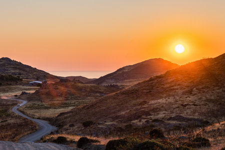 Romantic sunset view to Aegean Sea Lemnos or Limnos Island Greece, summer travel destination, wallpaper design.の写真素材