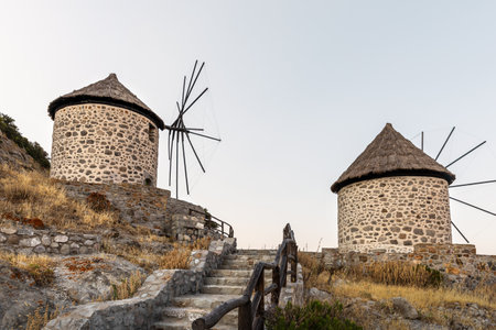 Traditional windmills near to Kontias village Lemnos island Greece Aegean sea, panoramic view.の写真素材