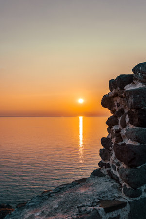 Sunset view from Byzantine Medieval Castle of Myrina in Lemnos or Limnos Greek island northern Aegean Sea.の写真素材