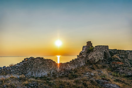 Sunset view from Byzantine Medieval Castle of Myrina in Lemnos or Limnos Greek island northern Aegean Sea.の写真素材