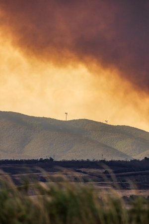 Devastating wildfire in Alexandroupolis Evros Greece, ecological and environmental disaster, smoke covered the sky.の写真素材