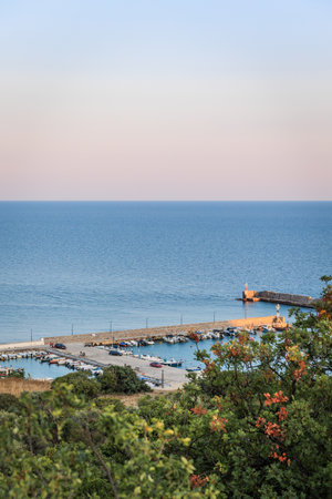 Panoramic view to Makri port from the Cyclops Cave near to Alexandroupolis Evros Greece, hiking path.の写真素材