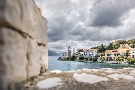 Fiskardo village on the Ionian Island of Kefalonia Greece, summer vacation destination, cloudy sky...