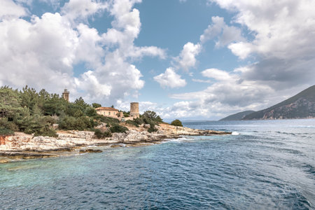 Cruise on Lefkada or Lefkas Greek island, Ionian Sea near Preveza. Summer vacation. Cloudy sky and...